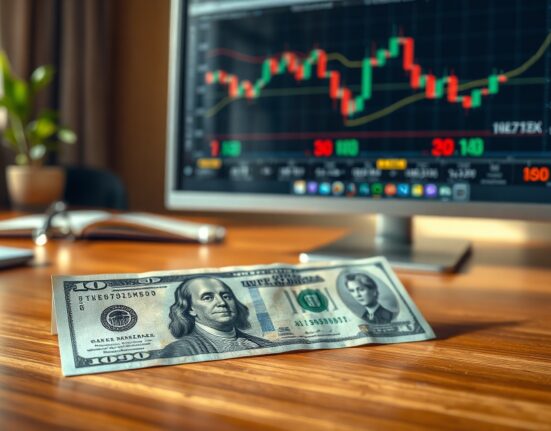 US dollar and Japanese yen banknotes on a desk with financial charts in background