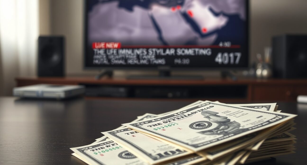 Close-up of US dollar bills on a desk with a blurred news screen showing a Middle East map