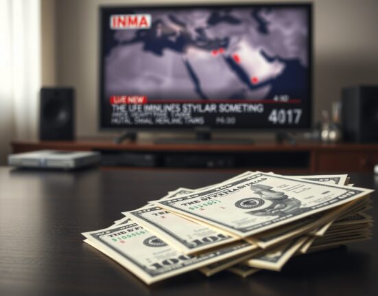 Close-up of US dollar bills on a desk with a blurred news screen showing a Middle East map
