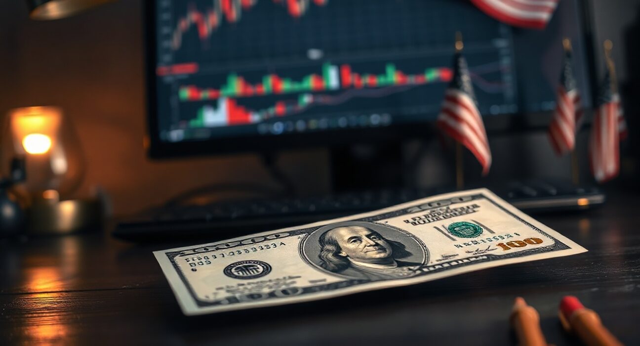 US dollar bill on desk with financial charts in background, representing currency markets amid geopolitical tensions
