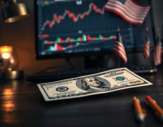 US dollar bill on desk with financial charts in background, representing currency markets amid geopolitical tensions