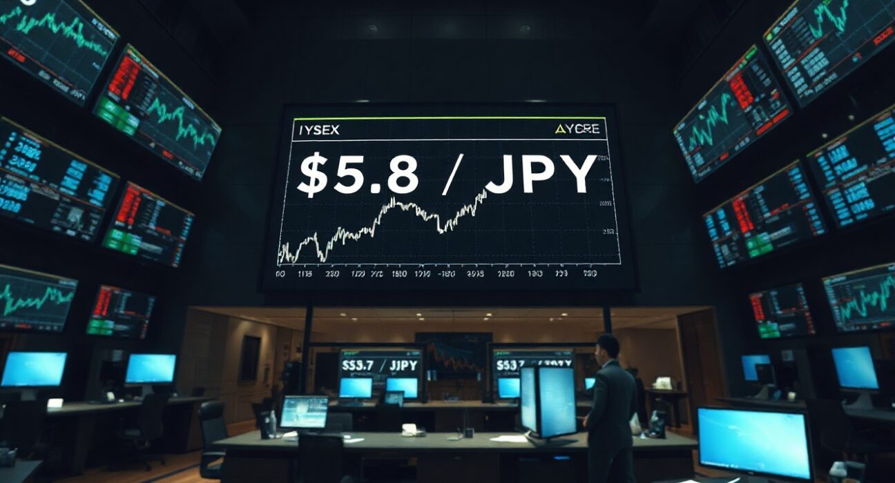 Currency trading board showing dollar and yen exchange rates in a modern financial market setting.