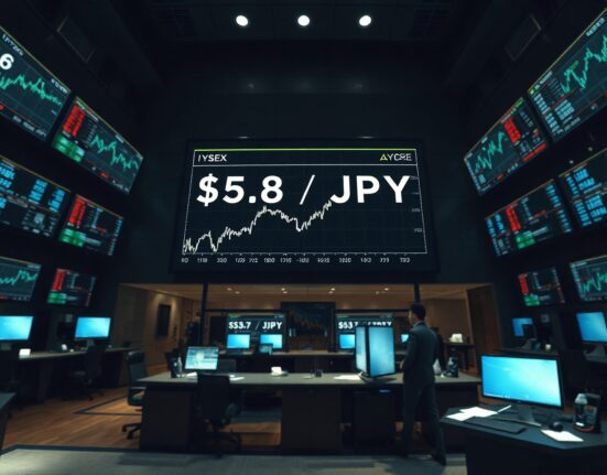 Currency trading board showing dollar and yen exchange rates in a modern financial market setting.