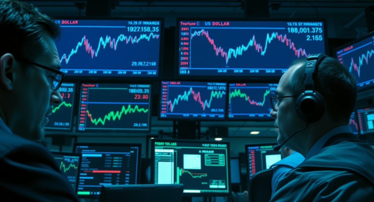Currency trading desk monitors showing dollar and yen forex charts