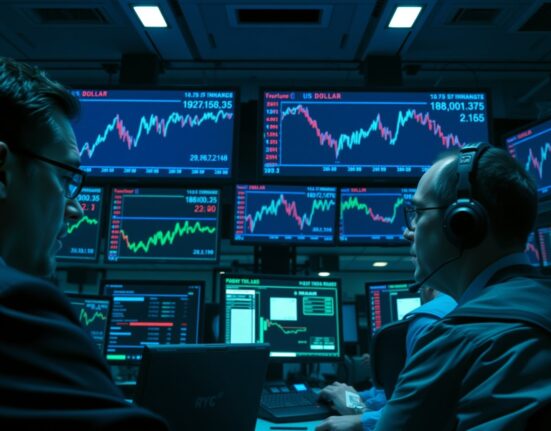 Currency trading desk monitors showing dollar and yen forex charts
