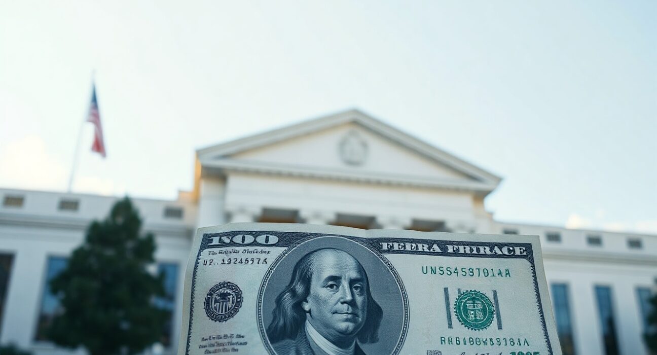 U.S. dollar banknote in foreground with Federal Reserve building in background under natural daylight