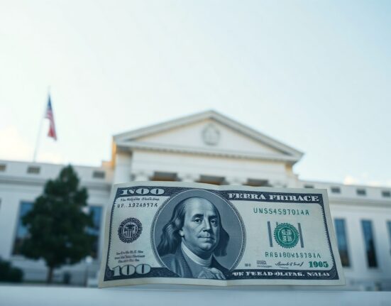 U.S. dollar banknote in foreground with Federal Reserve building in background under natural daylight