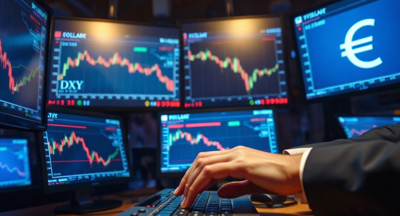 Forex trading desk with monitors showing flat dollar index and softening euro ahead of Fed minutes release.