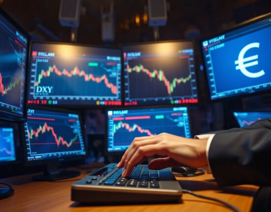Forex trading desk with monitors showing flat dollar index and softening euro ahead of Fed minutes release.