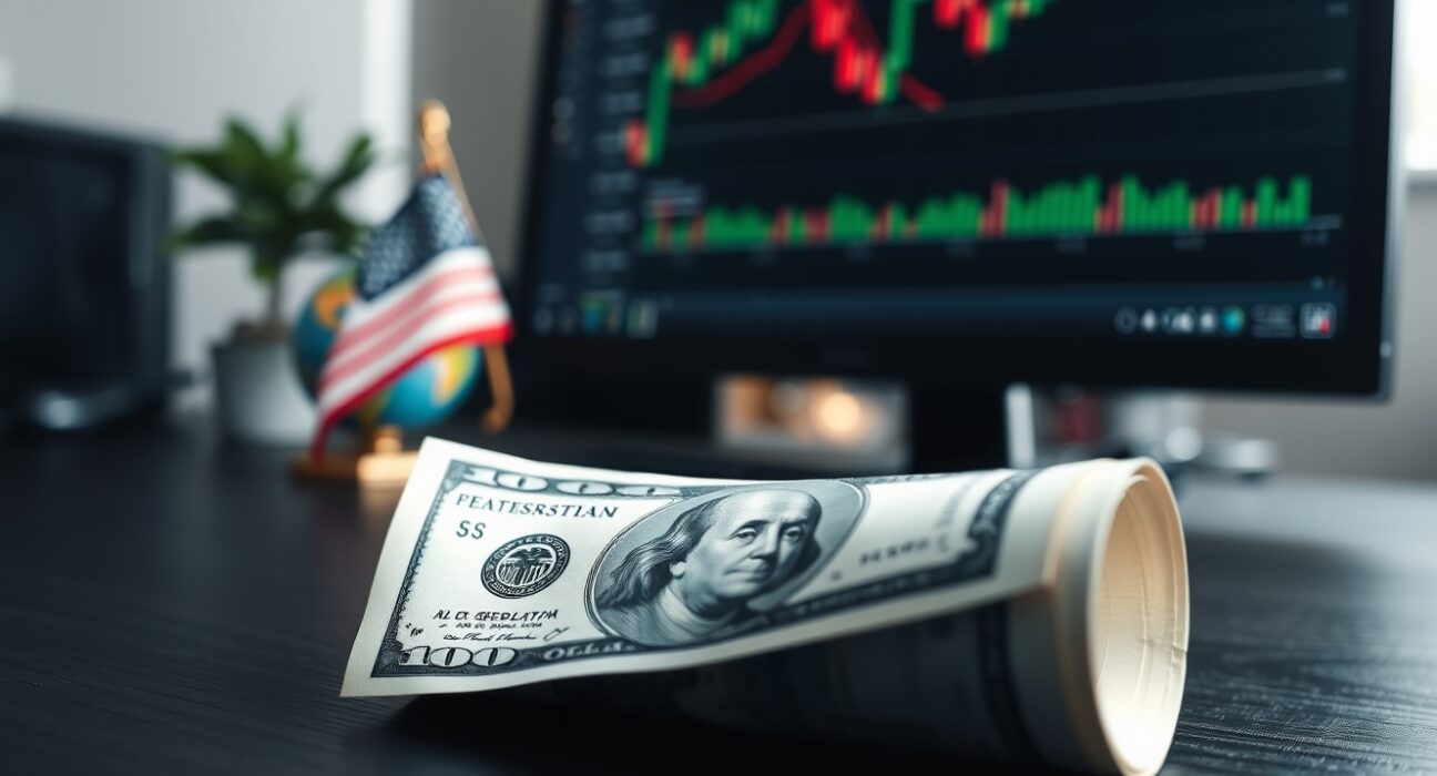 Close-up of a U.S. dollar bill on a desk with blurred financial charts and a globe in the background.