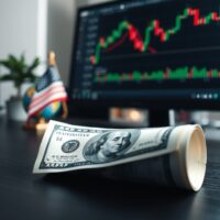 Close-up of a U.S. dollar bill on a desk with blurred financial charts and a globe in the background.