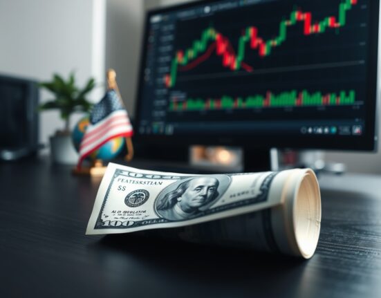 Close-up of a U.S. dollar bill on a desk with blurred financial charts and a globe in the background.