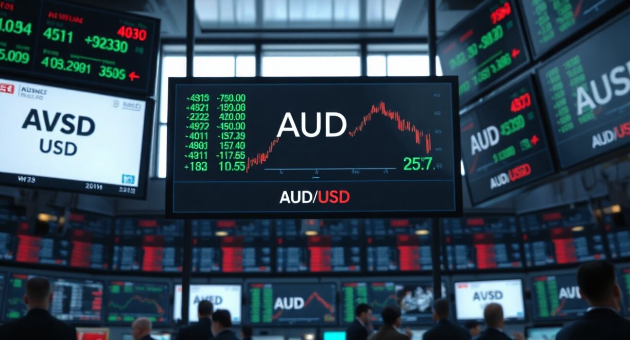 Foreign exchange trading floor with digital screens showing USD and AUD exchange rates in a professional financial setting