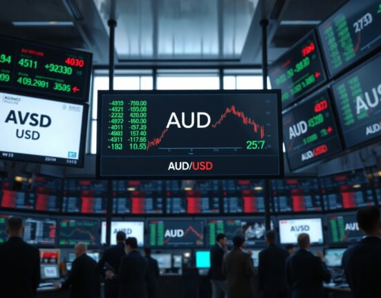 Foreign exchange trading floor with digital screens showing USD and AUD exchange rates in a professional financial setting