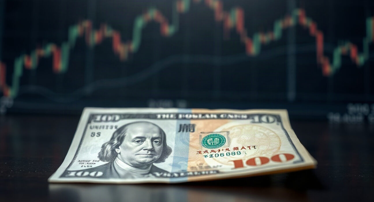 US dollar and Japanese yen banknotes side by side on a desk, symbolizing currency market trends.