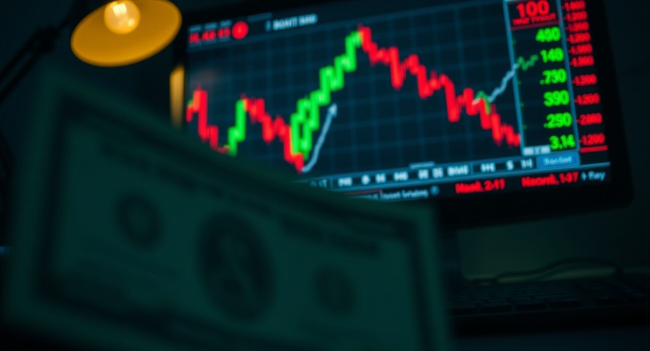 Close-up of US dollar bill on a trading desk with a financial chart in the background showing market volatility.