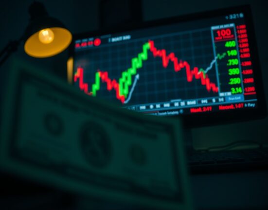 Close-up of US dollar bill on a trading desk with a financial chart in the background showing market volatility.