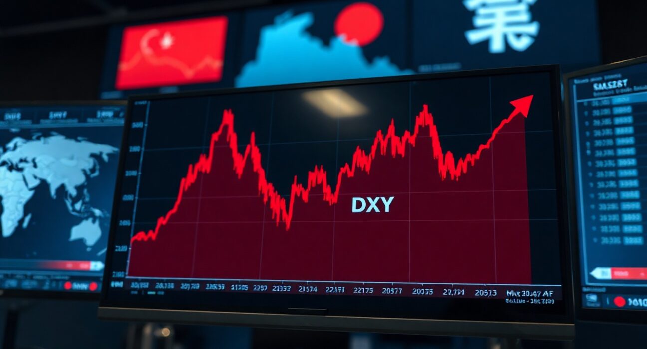 Financial market display showing rising US dollar index amid Gulf tensions and yen intervention risks.