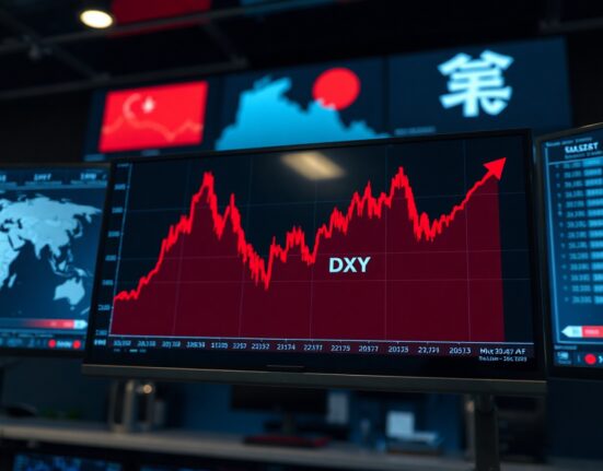 Financial market display showing rising US dollar index amid Gulf tensions and yen intervention risks.