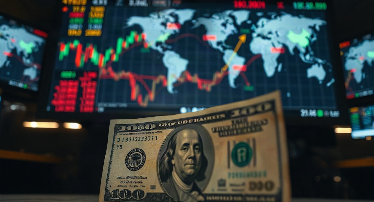 US dollar banknote in foreground with financial market screens and map in background