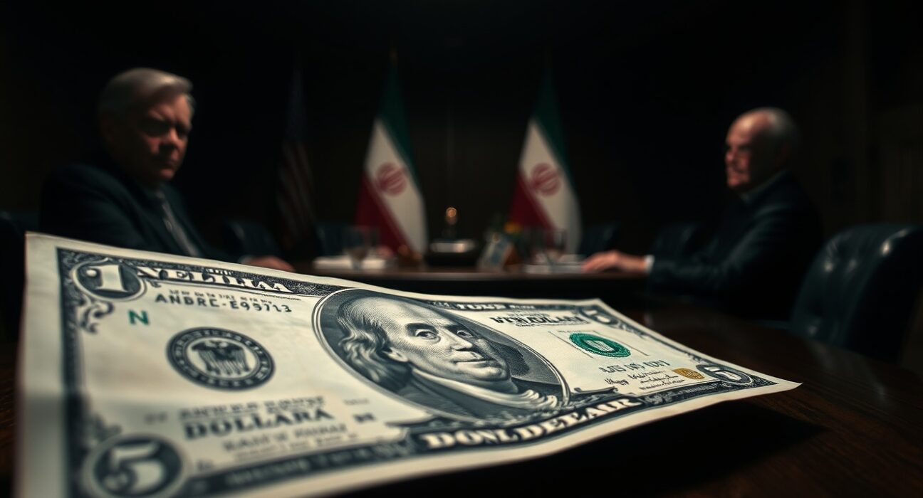 US dollar bill in foreground with diplomats negotiating in background, representing currency market reaction to Iran deal uncertainty.