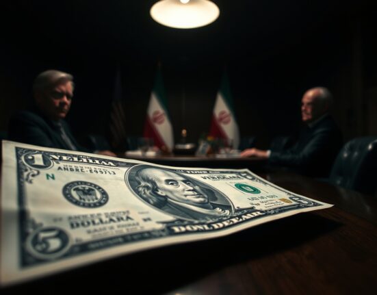 US dollar bill in foreground with diplomats negotiating in background, representing currency market reaction to Iran deal uncertainty.