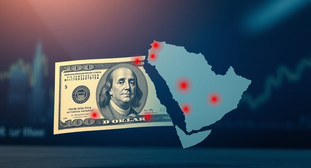 US dollar banknote overlaid with Gulf region geopolitical map highlighting risk areas