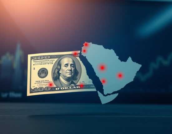 US dollar banknote overlaid with Gulf region geopolitical map highlighting risk areas