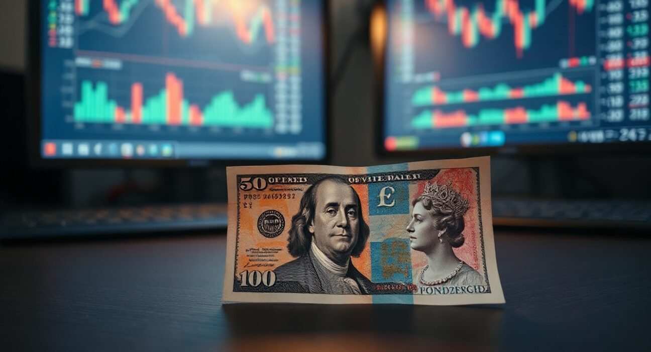 US dollar and British pound banknotes on a desk with forex charts in background