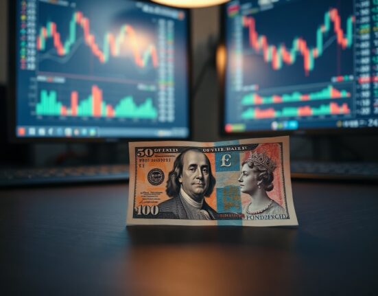 US dollar and British pound banknotes on a desk with forex charts in background