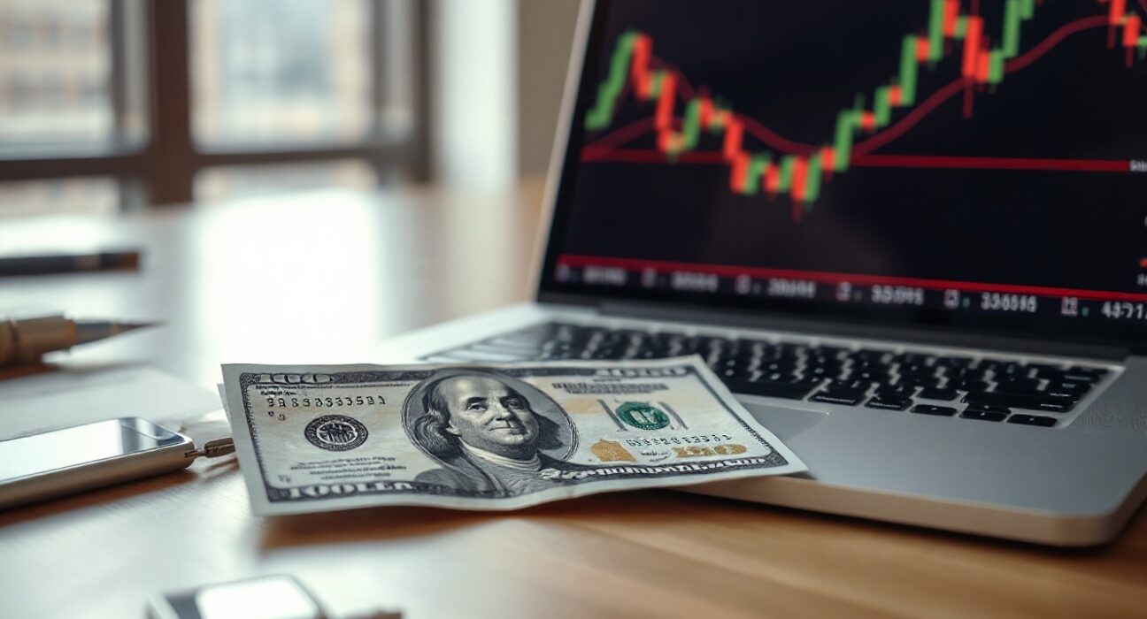 US dollar banknote and financial chart on laptop in office setting