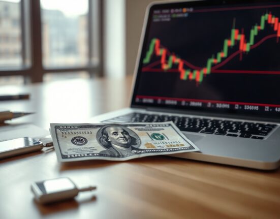 US dollar banknote and financial chart on laptop in office setting