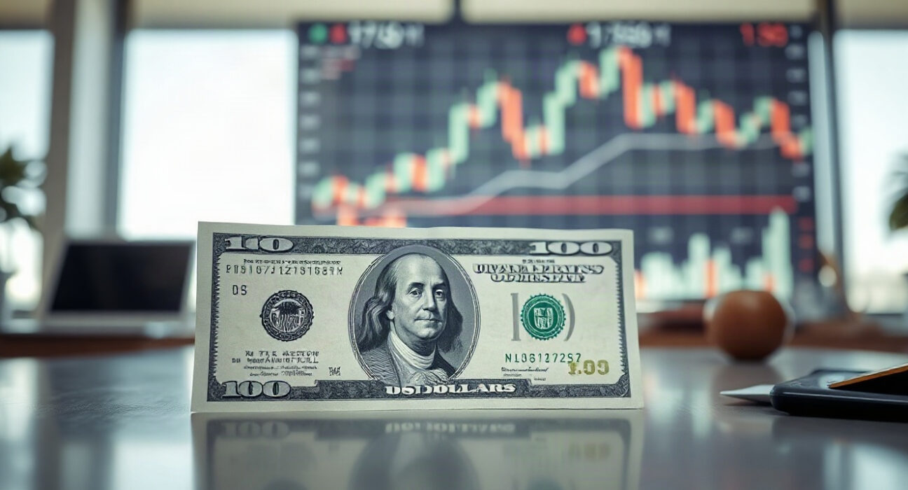 US dollar banknote with a financial chart in the background, representing currency market movements.