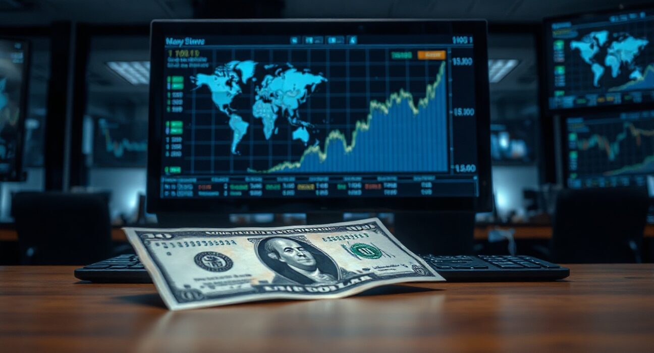 US dollar banknote on financial news desk with digital screen showing world map and economic data.