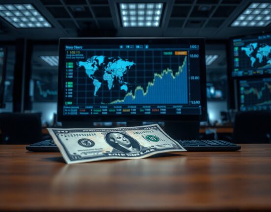 US dollar banknote on financial news desk with digital screen showing world map and economic data.