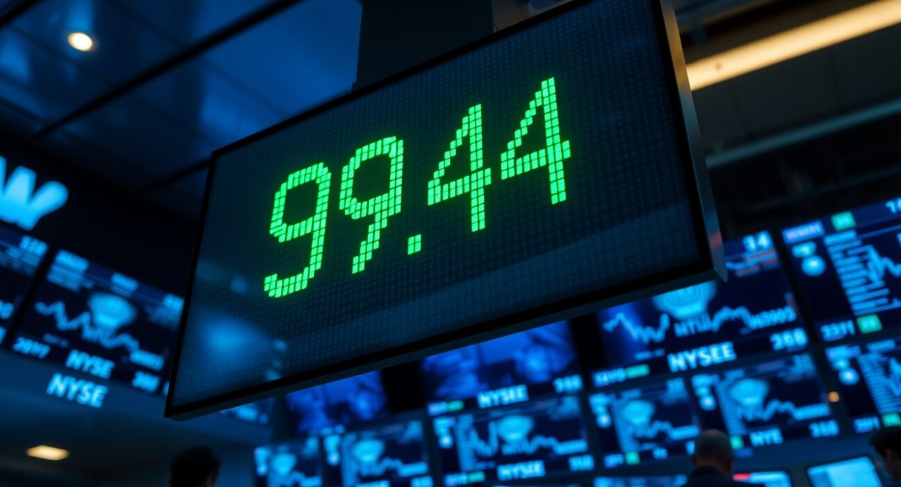 Digital US Dollar Index display showing 99.44 on a busy trading floor.