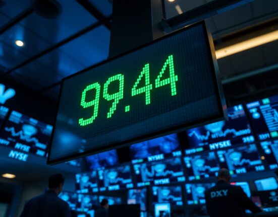 Digital US Dollar Index display showing 99.44 on a busy trading floor.