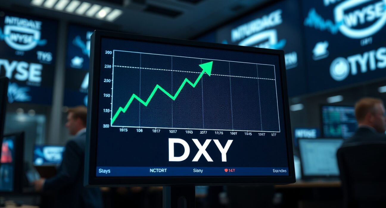 A digital screen showing the US Dollar Index (DXY) with an upward trend, indicating strength above 101.00.