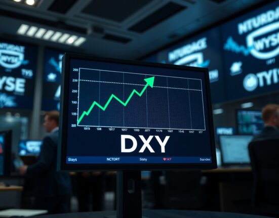 A digital screen showing the US Dollar Index (DXY) with an upward trend, indicating strength above 101.00.