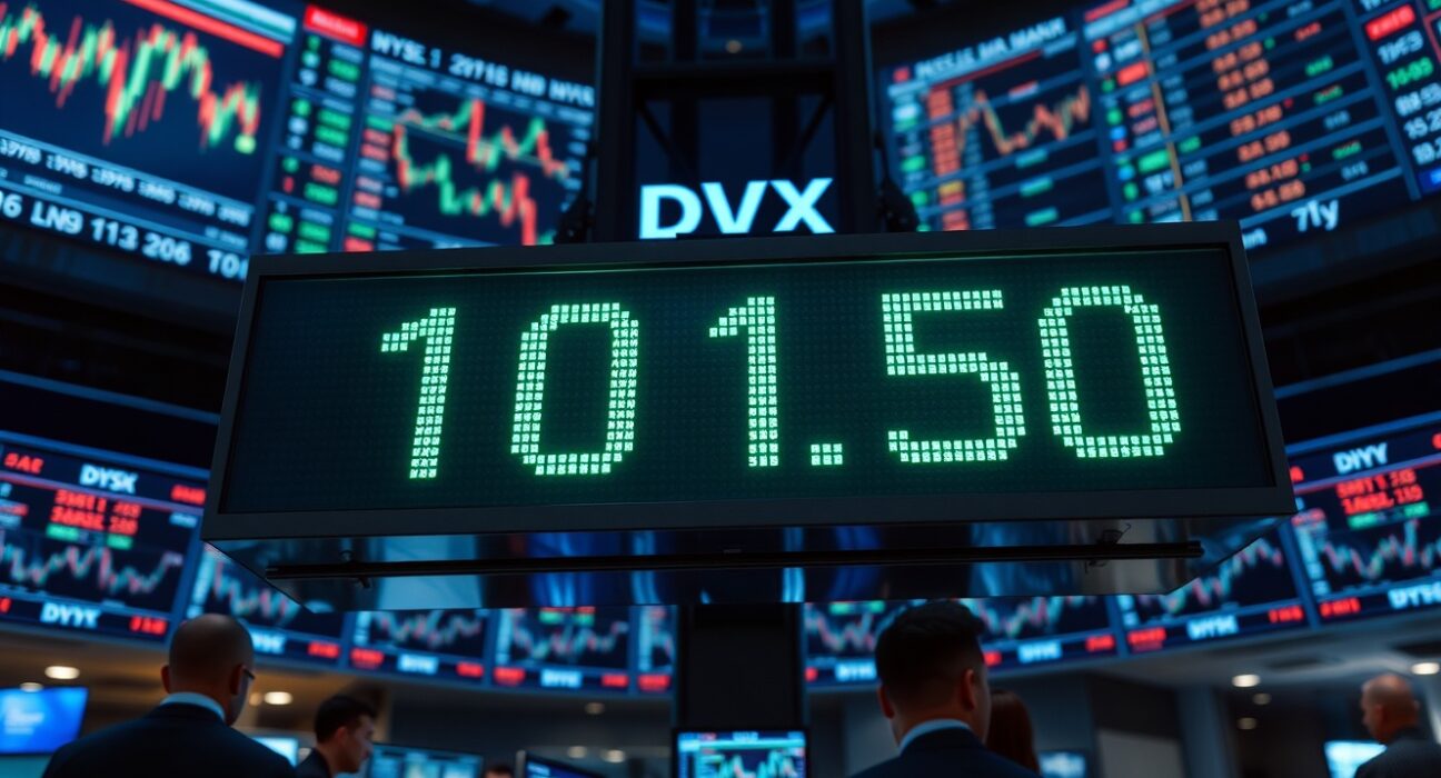 US Dollar Index (DXY) display showing 101.50 on a trading floor screen.