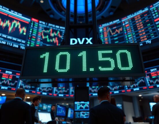 US Dollar Index (DXY) display showing 101.50 on a trading floor screen.