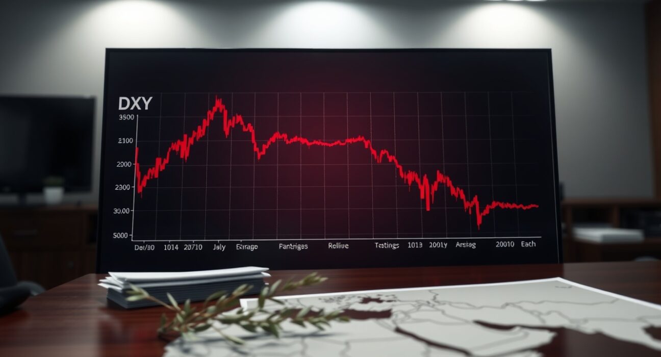 US Dollar Index chart breaking below the key 100.00 level amid Middle East peace negotiations.