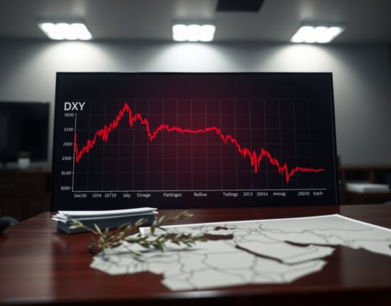 US Dollar Index chart breaking below the key 100.00 level amid Middle East peace negotiations.