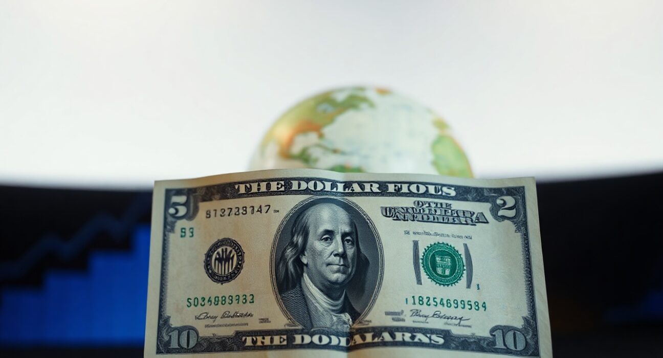 US dollar banknote with globe and stock chart background