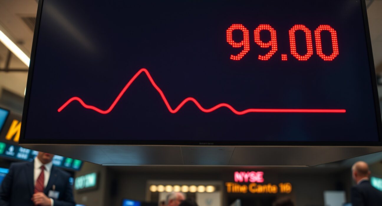 US Dollar Index display showing decline below 98.00 on trading floor