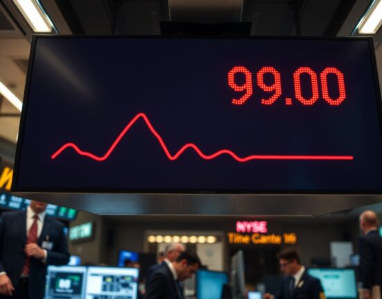 US Dollar Index display showing decline below 98.00 on trading floor