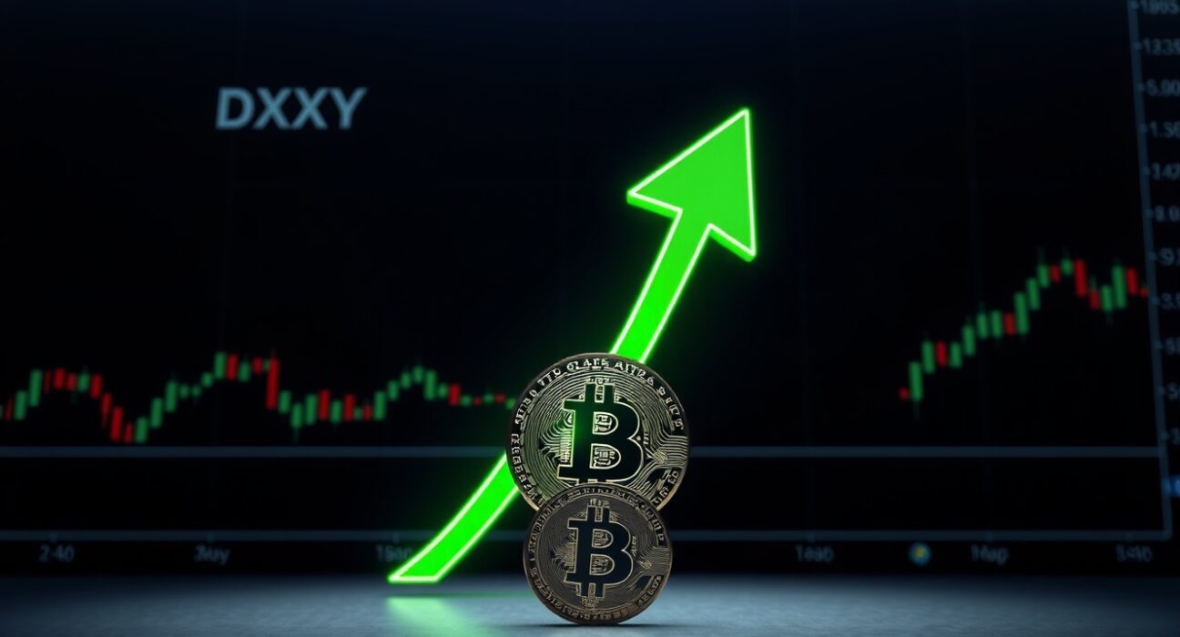 Bitcoin coin under pressure from a rising Dollar Index breakout on a financial chart