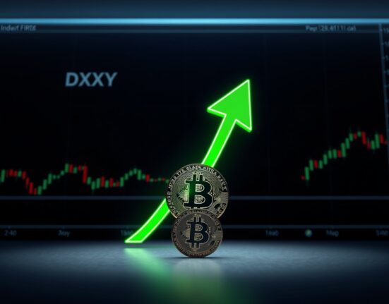 Bitcoin coin under pressure from a rising Dollar Index breakout on a financial chart