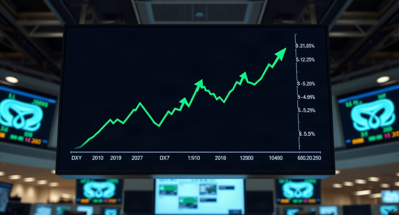 Trading floor screen showing rising dollar index chart