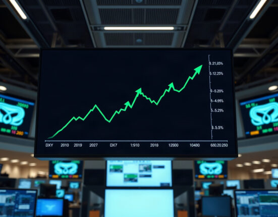 Trading floor screen showing rising dollar index chart